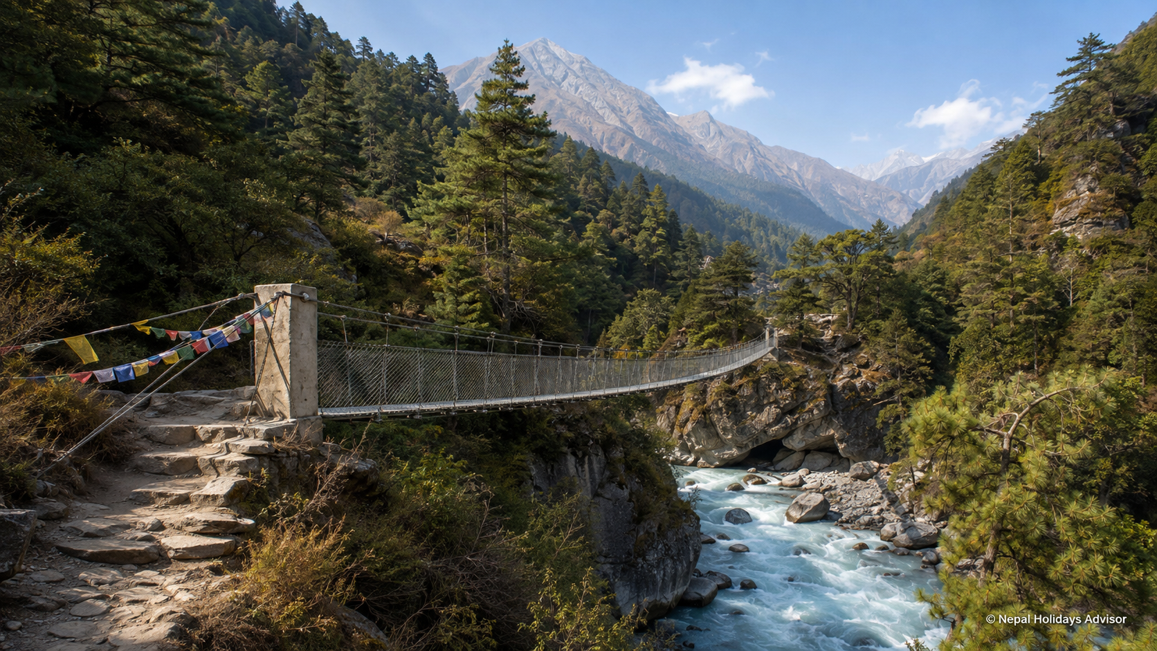 A suspension bridge crosses a rocky mountain river between forested slopes, with stone steps in the foreground.