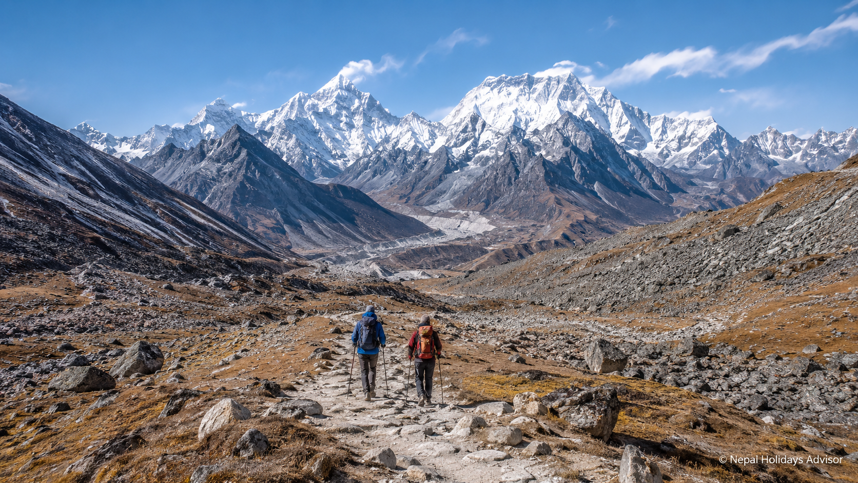 Two trekkers follow a rocky alpine trail towards snow-covered mountains beneath a clear blue sky.