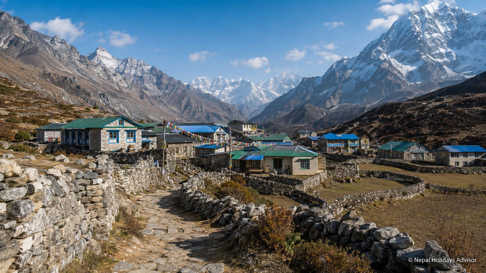 Stone village houses with colourful roofs and prayer flags beside a winding path below snowy mountains.