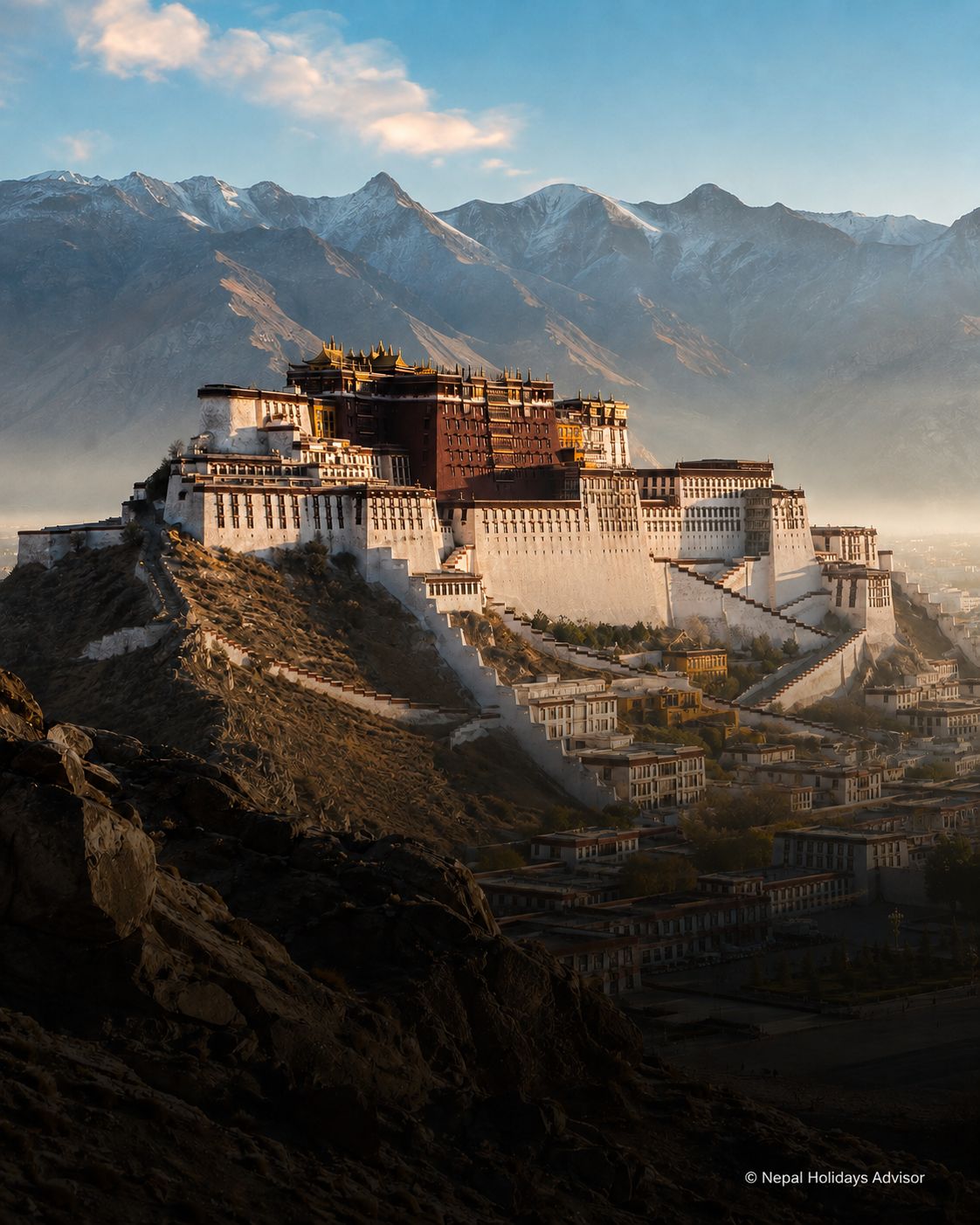 Potala Palace overlooking Lhasa and the mountains of Tibet