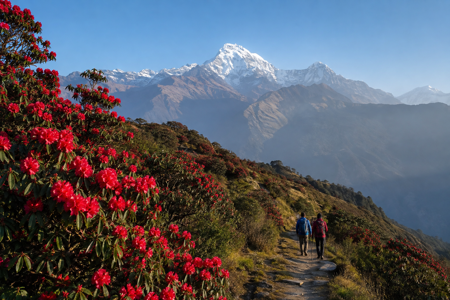 Trekkers walking through blooming rhododendrons beneath the Himalayas in Nepal