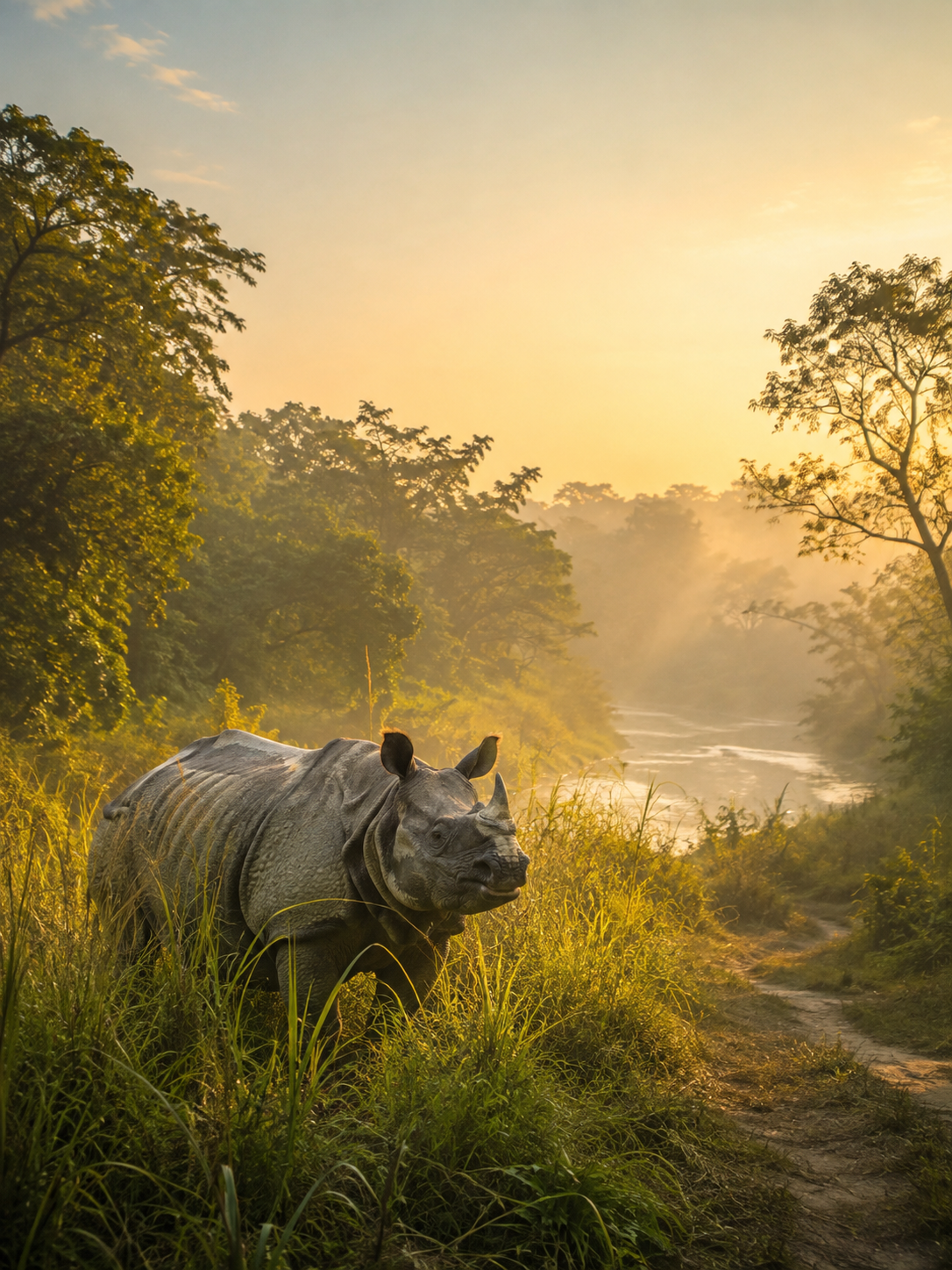 One-horned rhinoceros in a lush Nepal jungle beside a river at sunrise