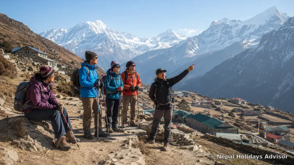 Altitude acclimatization in Nepal with trekkers resting beside a Himalayan village