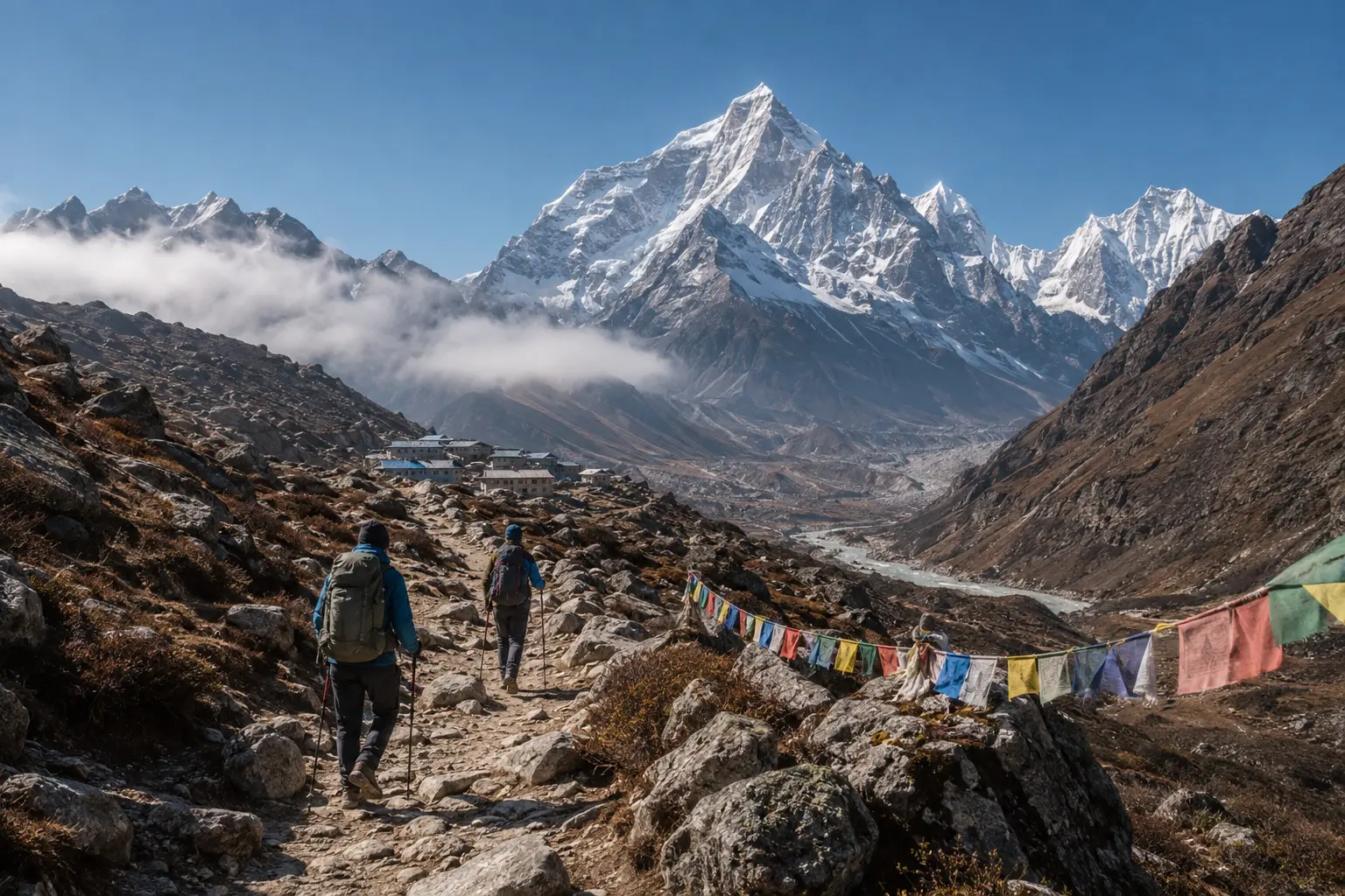 Trekkers walking through the Khumbu Valley toward Everest Base Camp in Nepal
