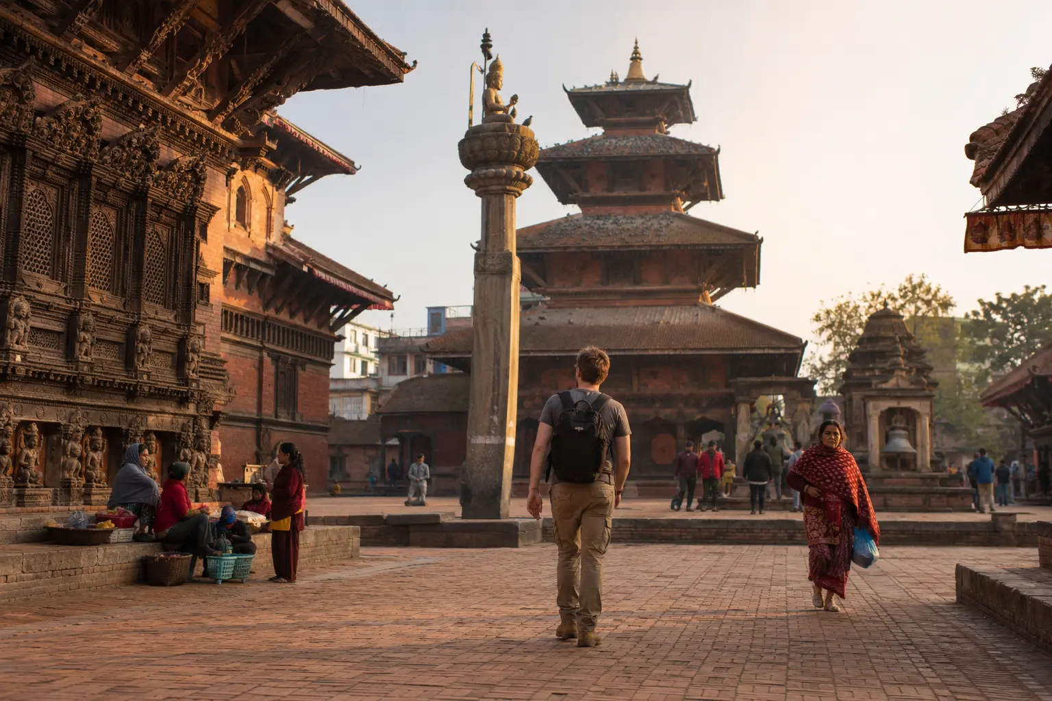 Traveller exploring a traditional heritage square in Kathmandu, Nepal