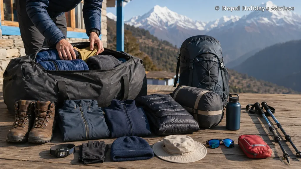 Nepal trekking packing list with essential clothing, boots and equipment