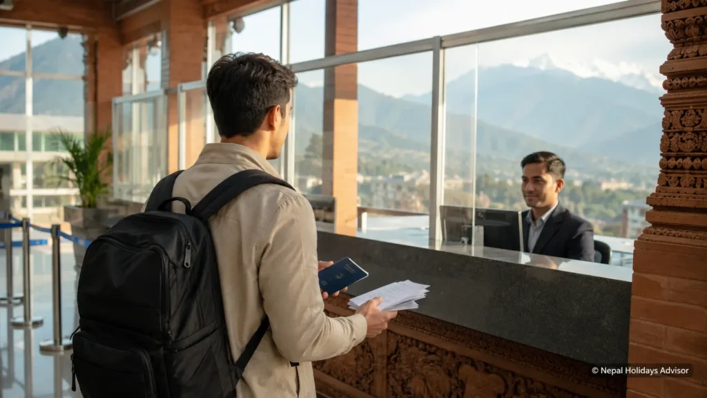 International traveller completing Nepal visa and entry requirements at an immigration counter